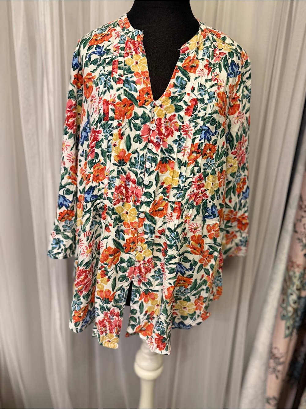 intro. Floral Button-Down Tunic in White with Red, Orange, Yellow & Green
